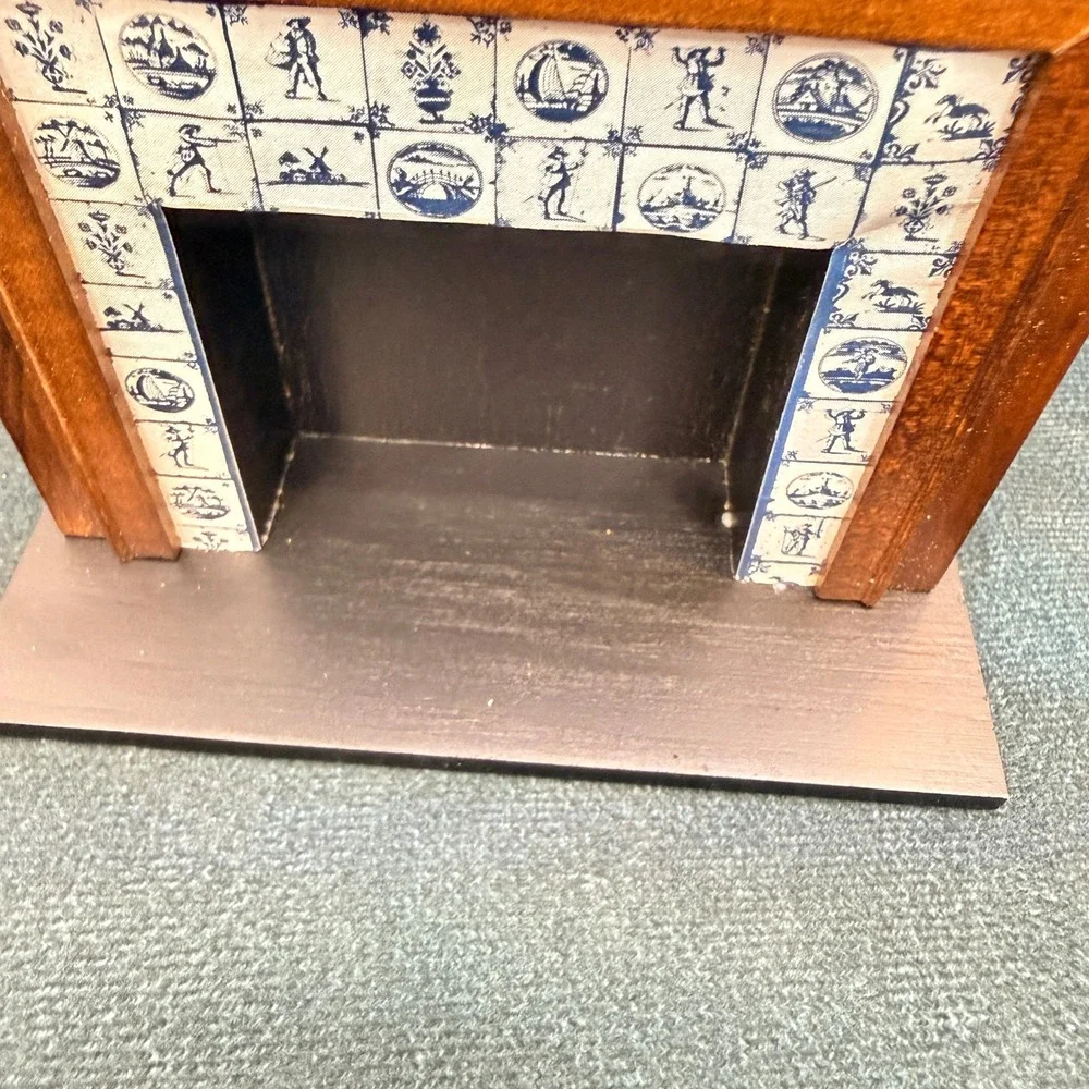 Vintage 1:12 Dollhouse Miniature Wood Fireplace Faux Delft Paper Tile Surround